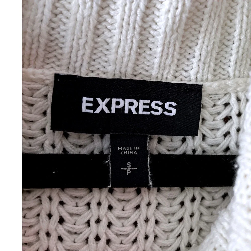 Express White Cable Knit Cowl Neck Oversized‎ Sweater High Low Hem Small S/P EUC
